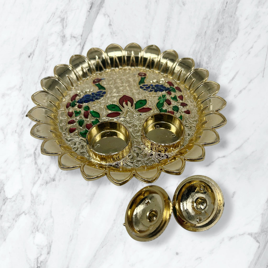 Peacock Embossed Gold Pooja Thali with Lidded Vatis