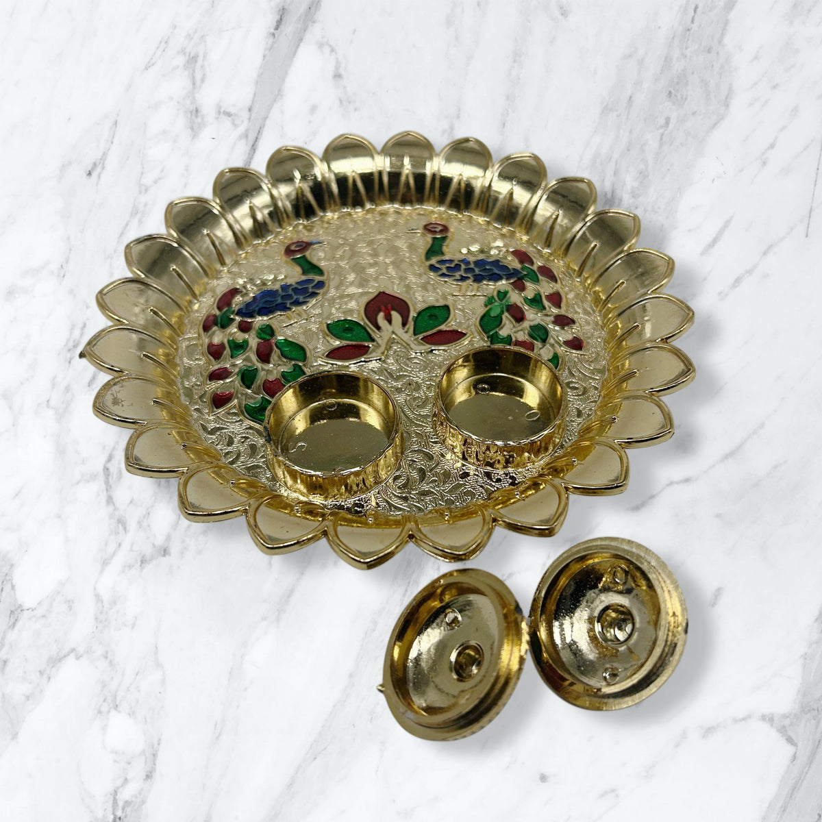 Peacock Embossed Gold Pooja Thali with Lidded Vatis