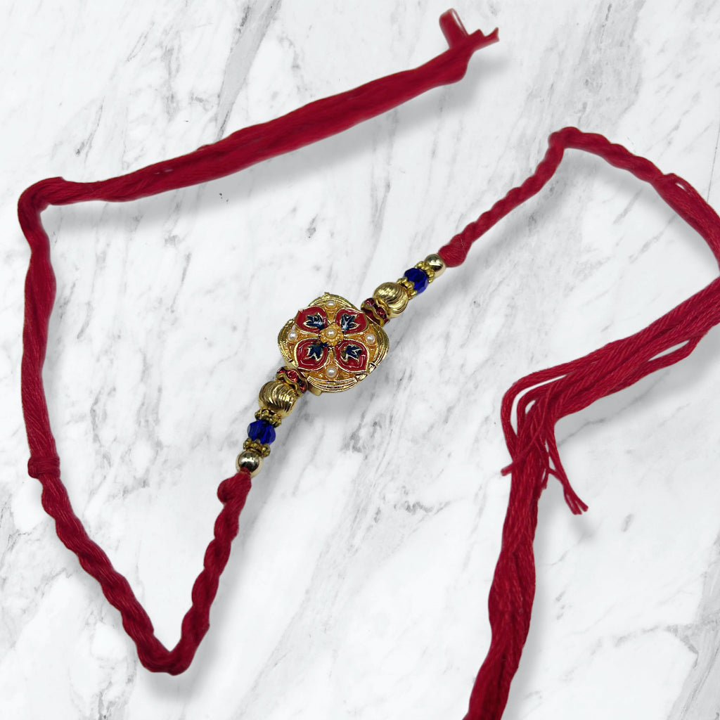 Floral Meenakari & Blue Bead Resham Rakhi