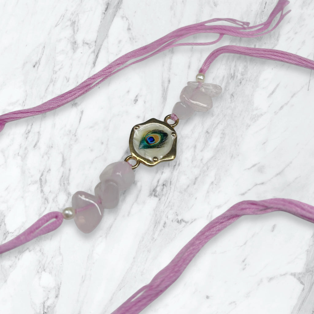 Mayur Pankh & Rose Quartz Bead Resham Rakhi