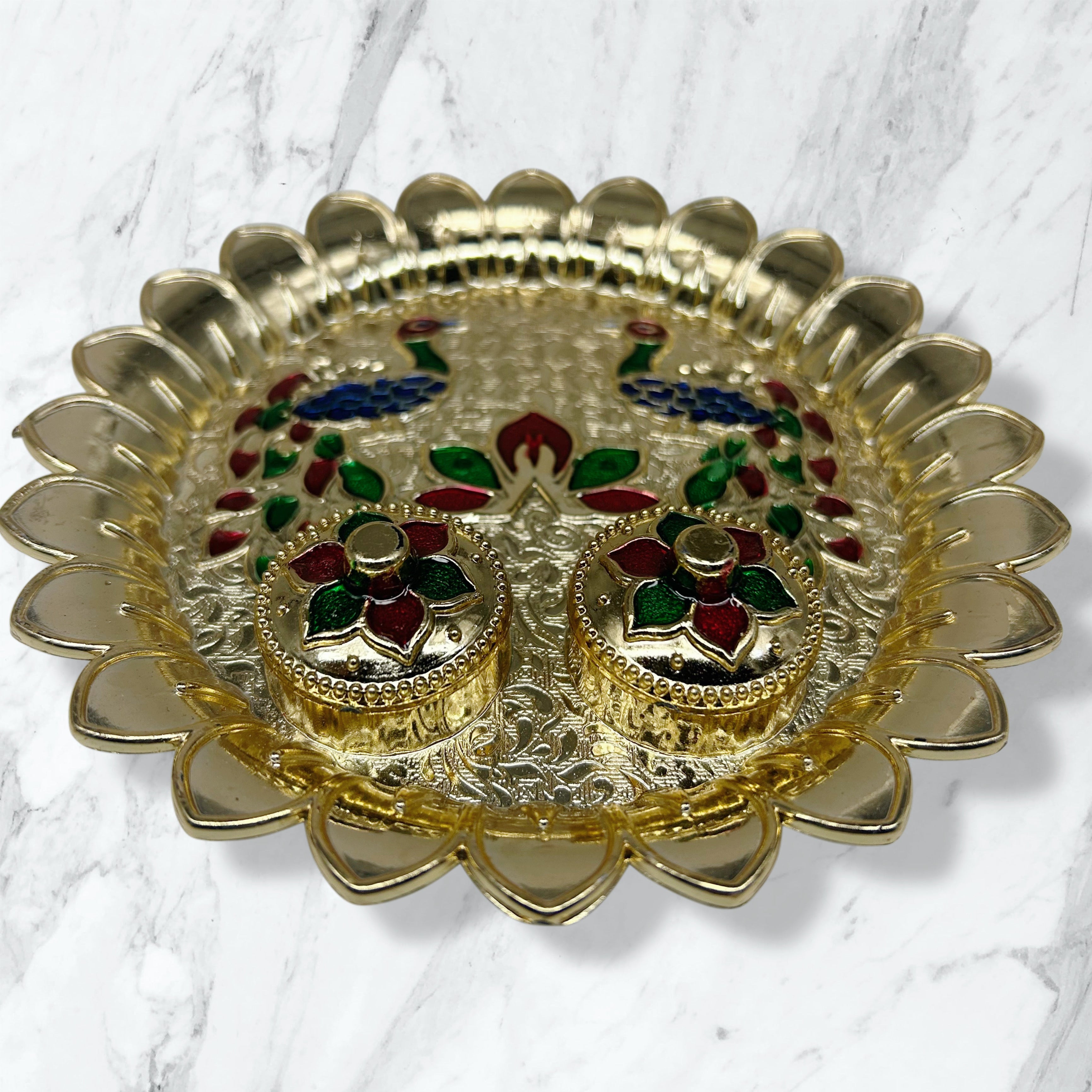 Peacock Embossed Gold Pooja Thali with Lidded Vatis