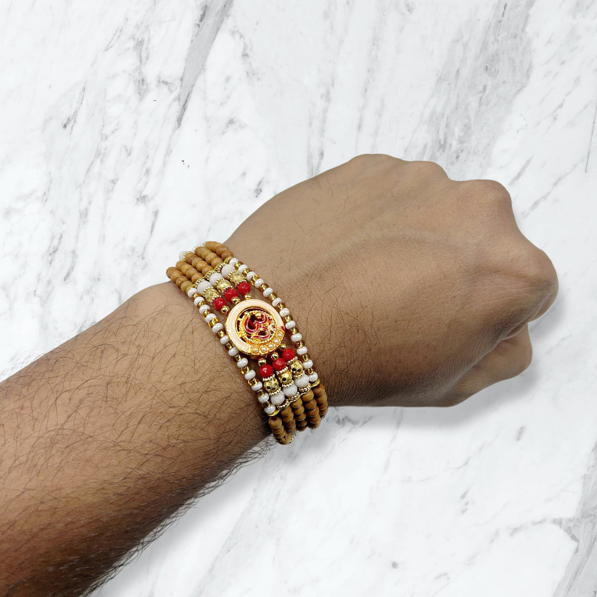 Chandan Moti Om Broad Cuff Bracelet Rakhi
