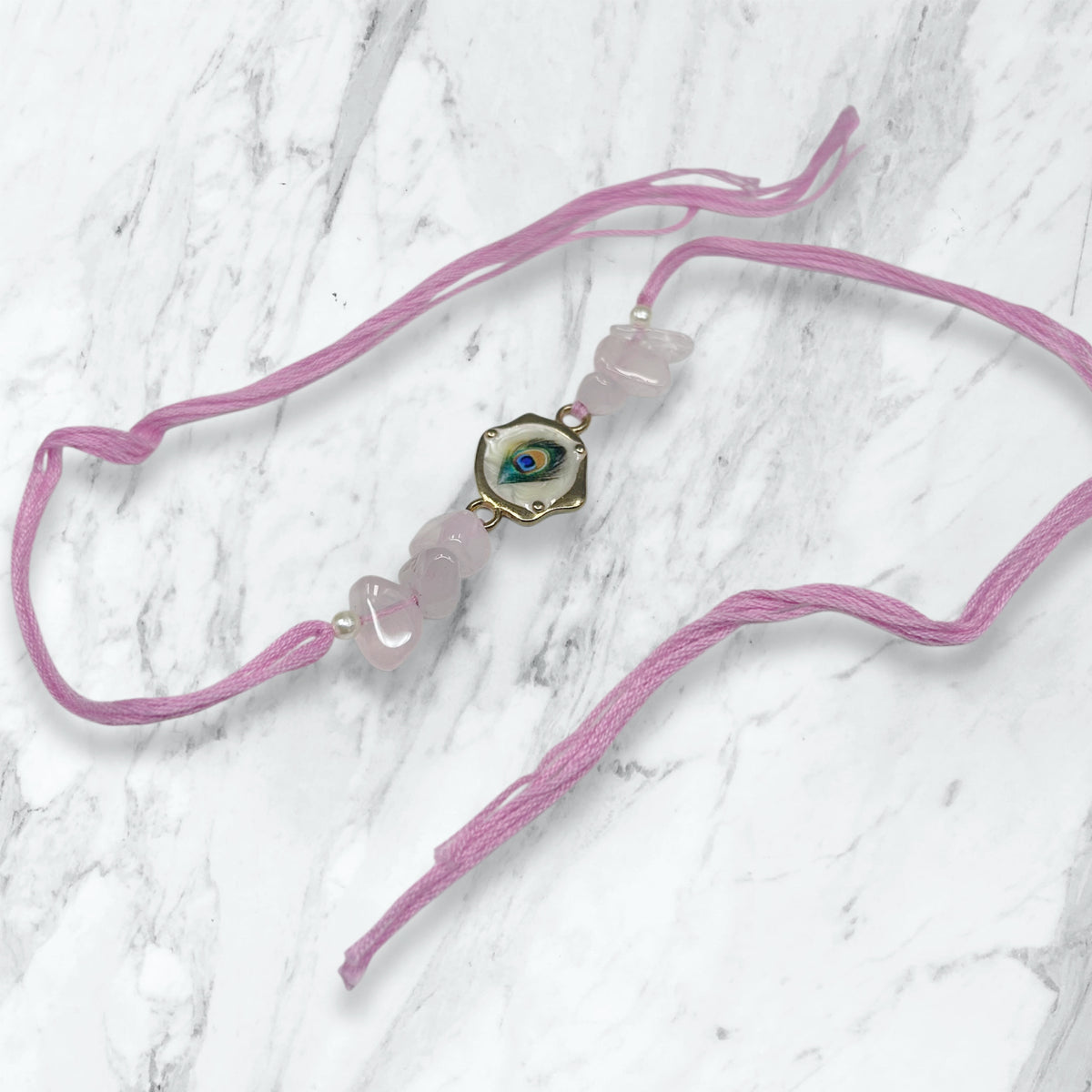Mayur Pankh & Rose Quartz Bead Resham Rakhi