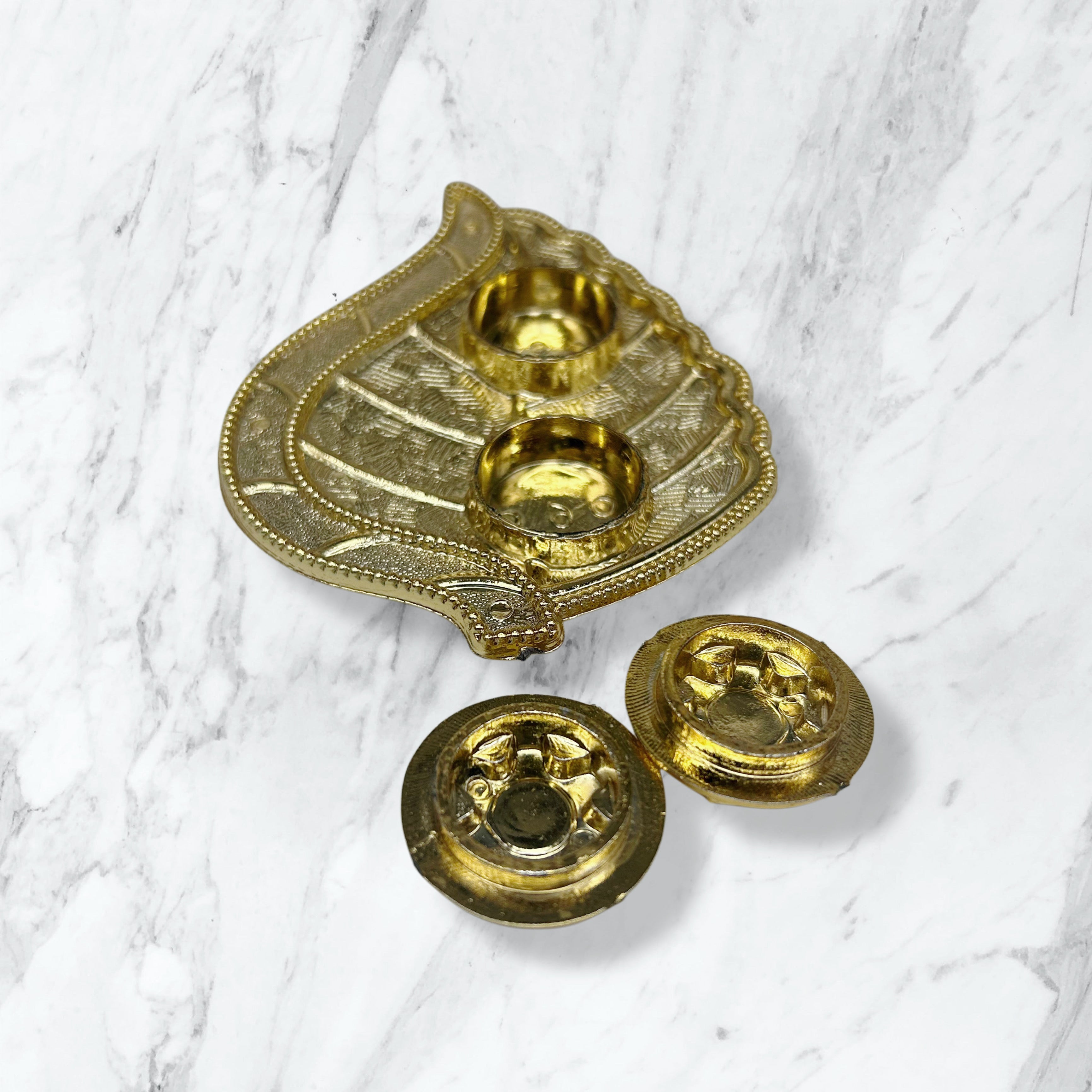 Paan Leaf Gold Pooja Thali with Lidded Vatis