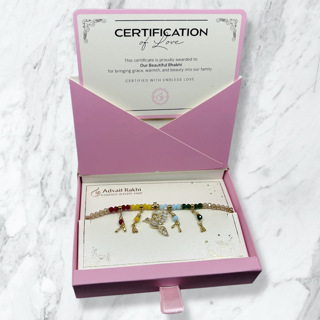 Multicolor Crystal Bird Charm Lumba Rakhi Box for Bhabhi