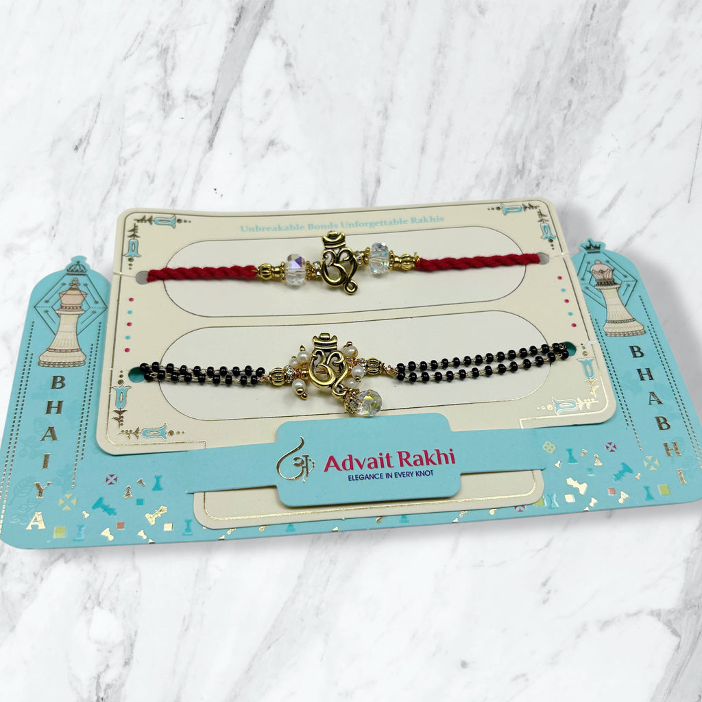 Golden Om Bhaiya Bhabhi Rakhi Set
