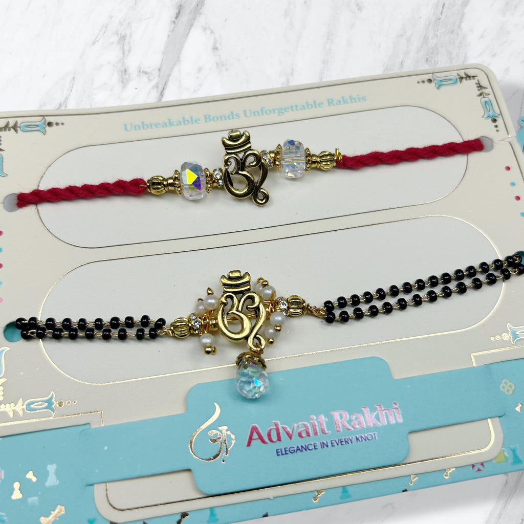 Golden Om Bhaiya Bhabhi Rakhi Set