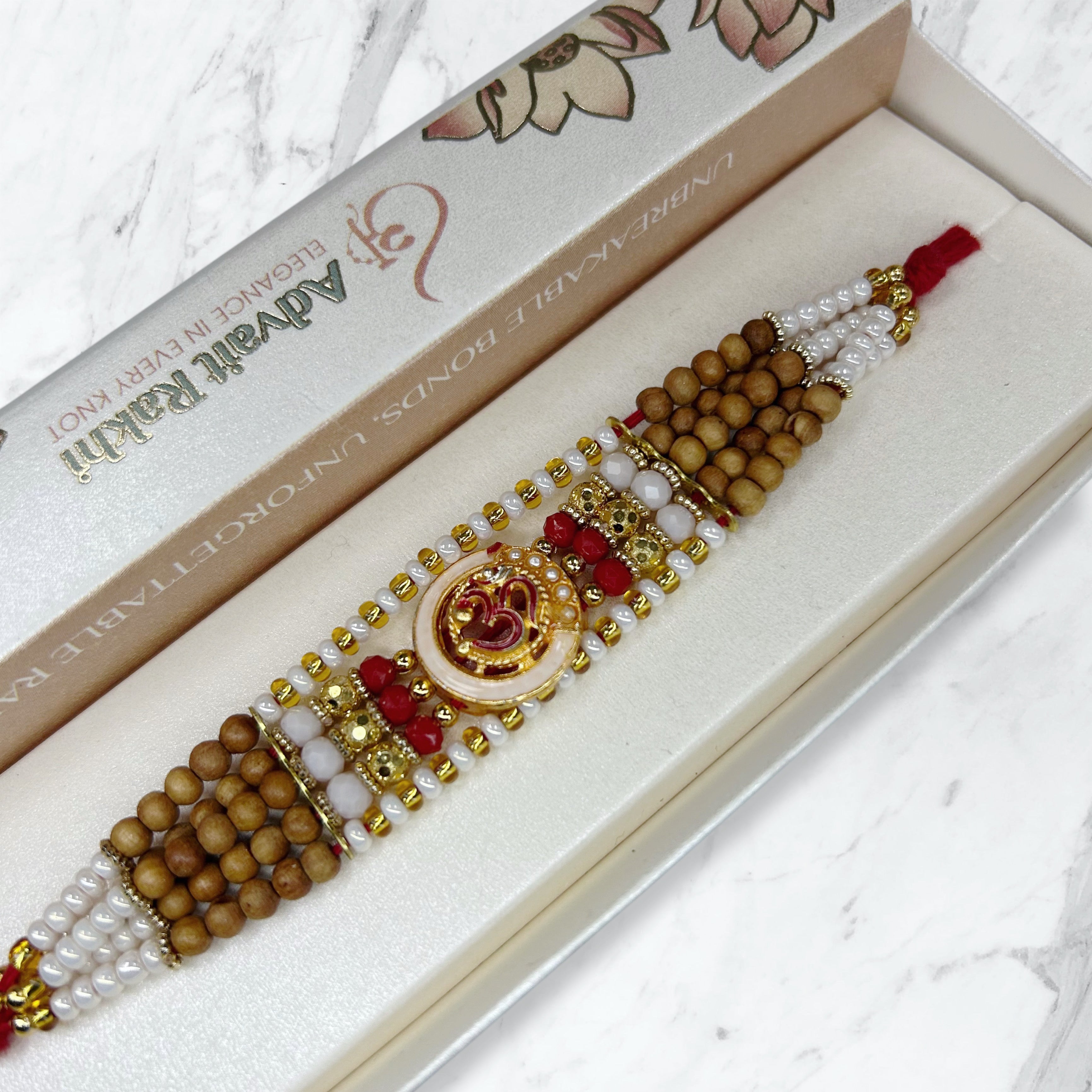 Chandan Moti Om Broad Cuff Bracelet Rakhi