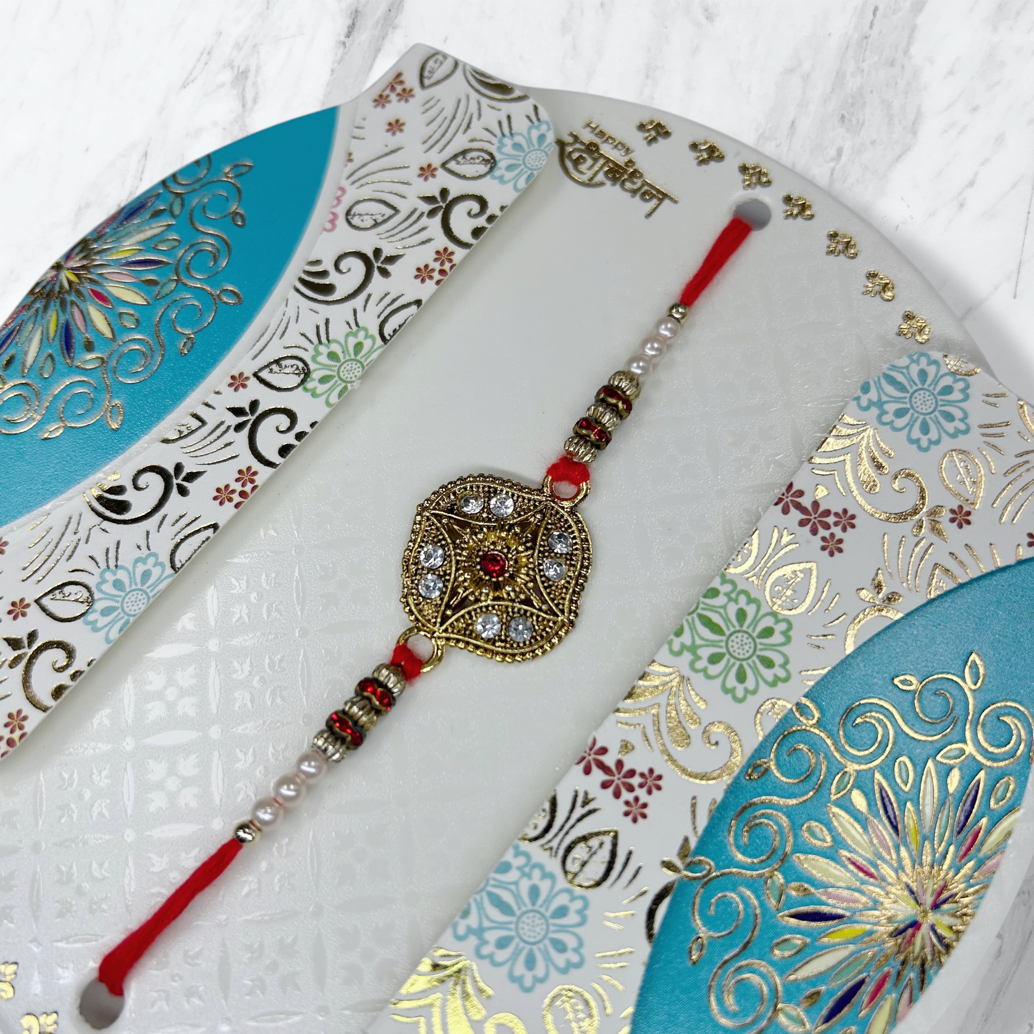 Antique Gold Floral & Moti Resham Rakhi