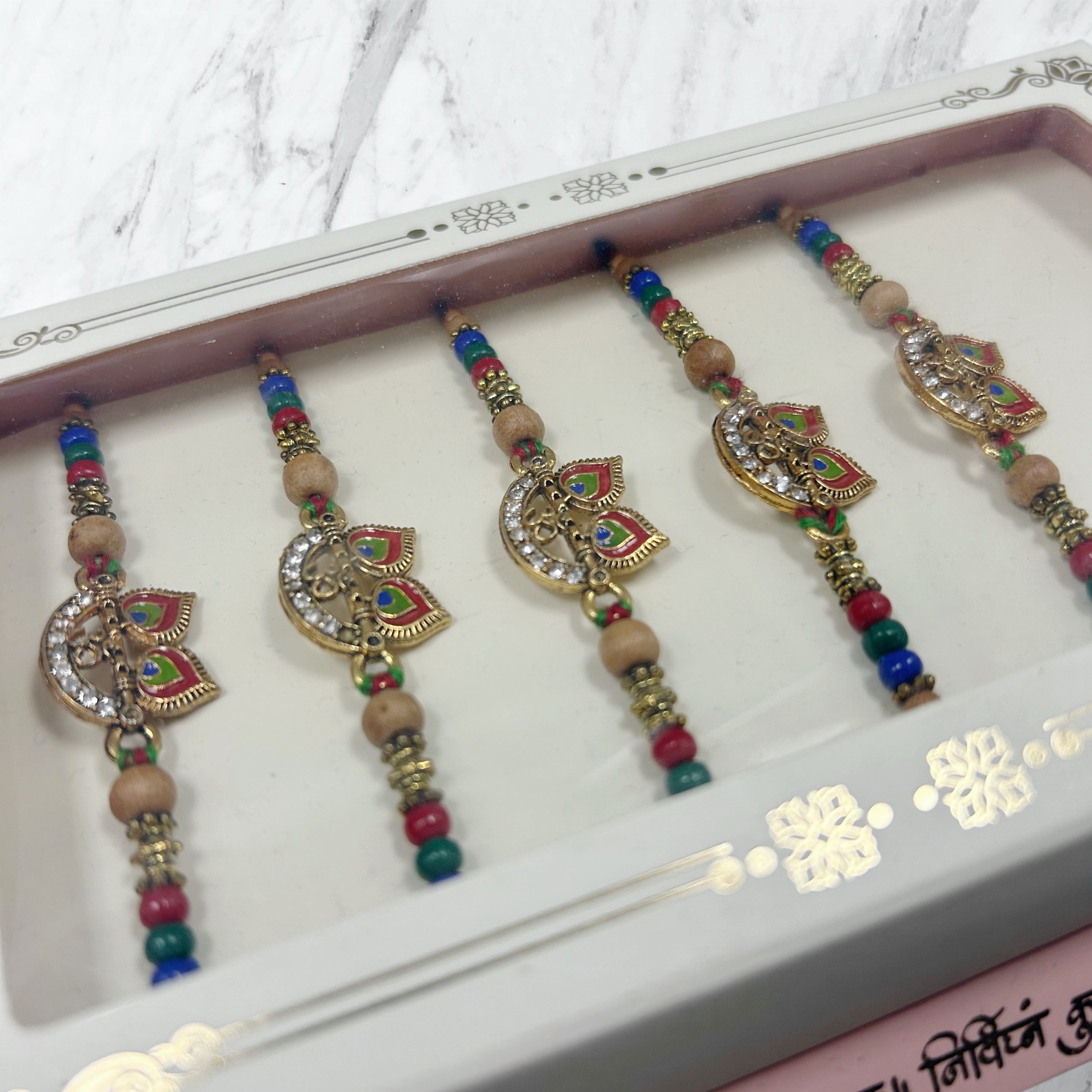 Mayur Meenakari & Rudraksha 5-Piece Rakhi Set