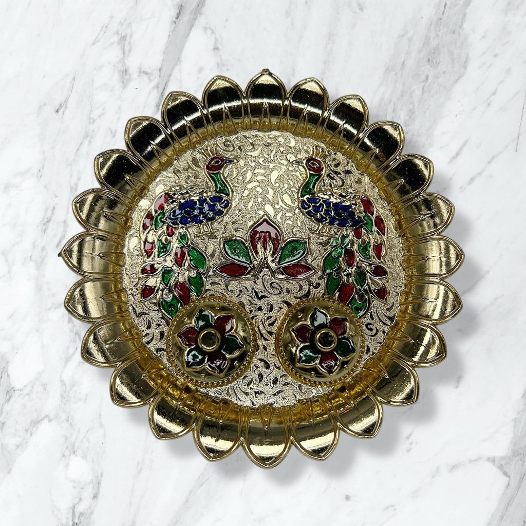 Peacock Embossed Gold Pooja Thali with Lidded Vatis