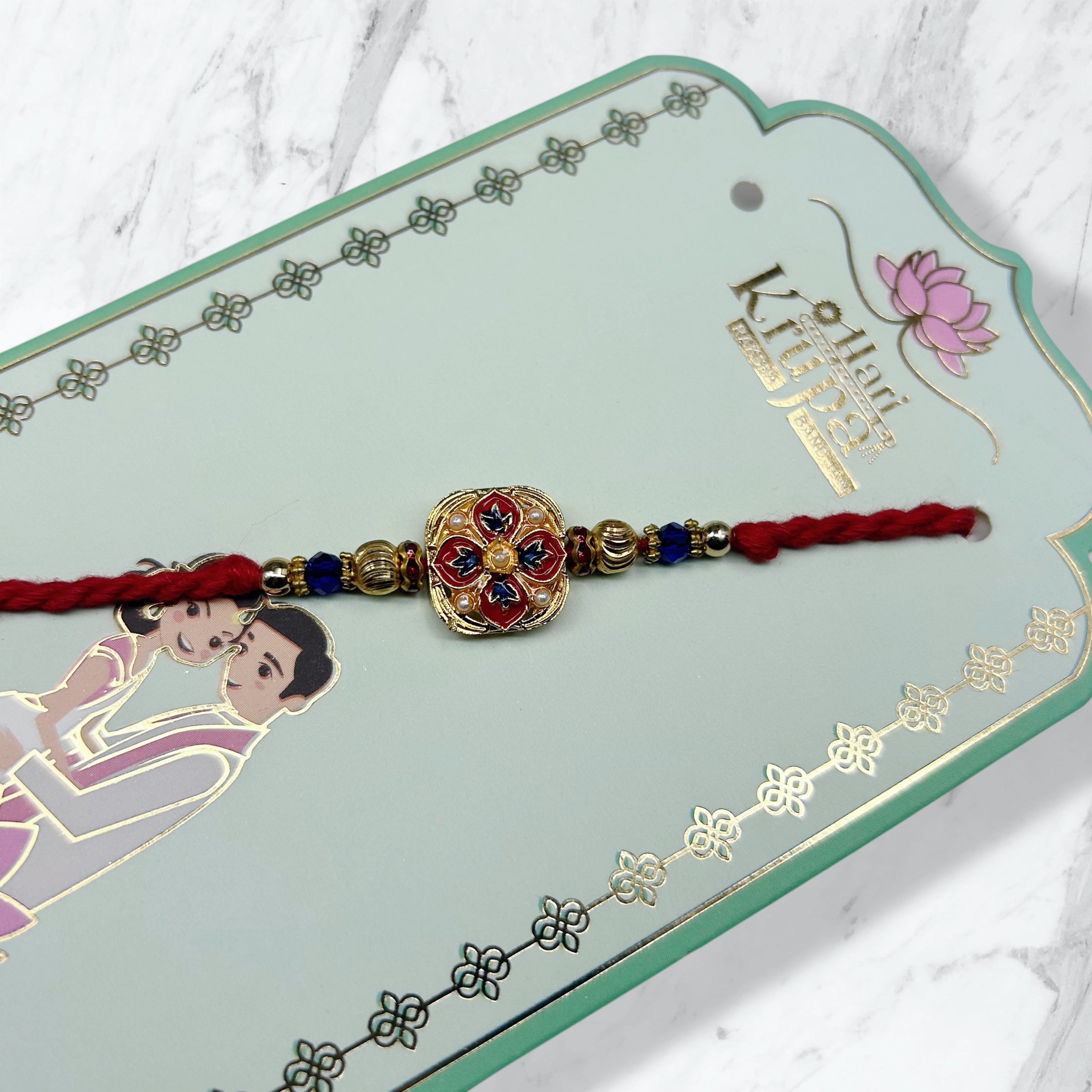 Floral Meenakari & Blue Bead Resham Rakhi