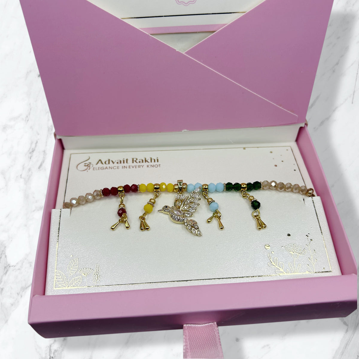 Multicolor Crystal Bird Charm Lumba Rakhi Box for Bhabhi